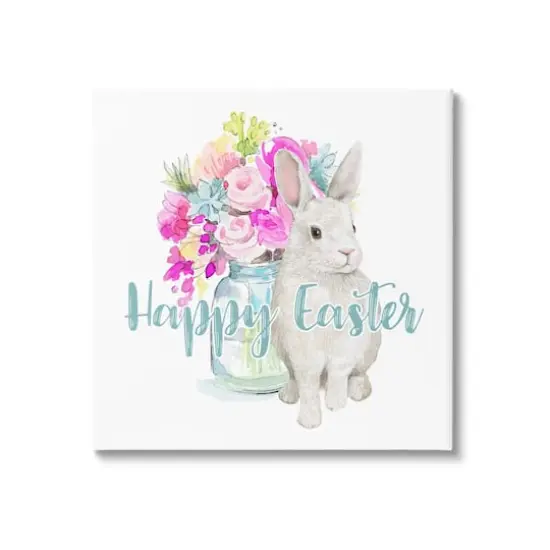 Stupell Industries Happy Easter Calligraphy Bunny Pink Flower Bouquet Canvas Wall Art {1}