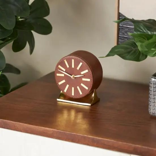Faux Leather Round Decorative Clock with Rectangular Base Brown/Gold {9}
