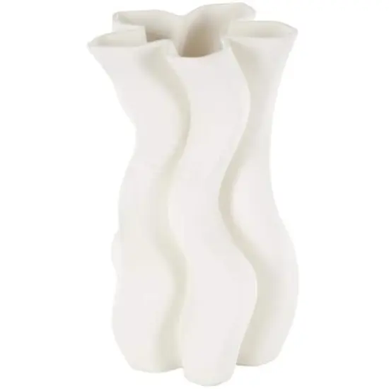 White Ceramic Abstract Ribbed Dimensional Wavy Vase with Floral Shaped Rim {1}