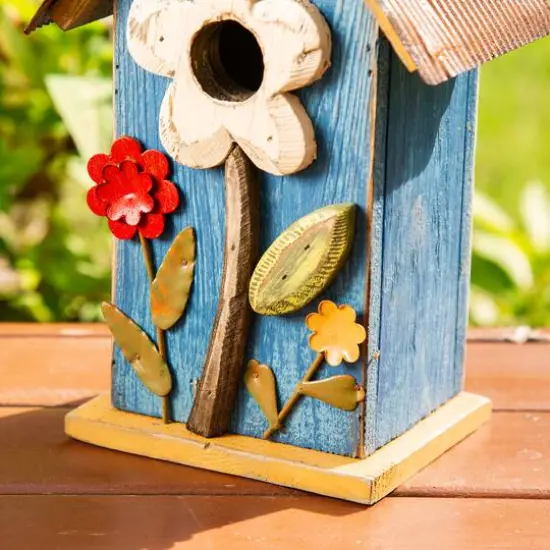 Glitzhome&reg; 10.25" Retro Blue Distressed Flower Birdhouse {6}