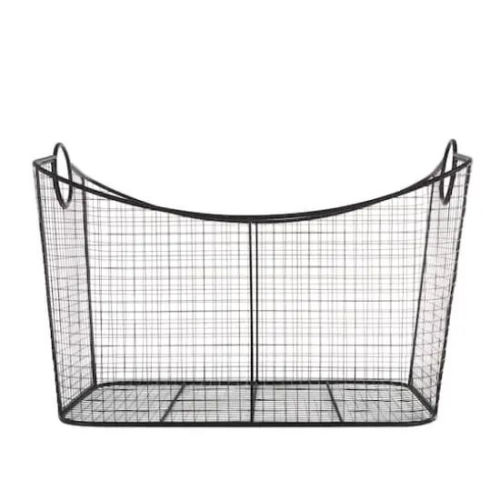30.25" Black Metal Open Frame Wire Grid Storage Basket with Curved Sides & Ring Handles {10}
