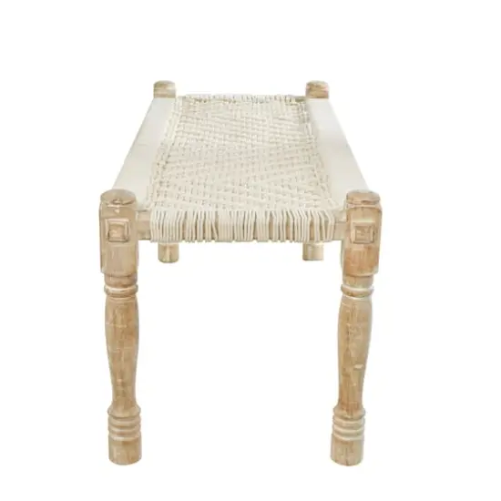 Beige Cotton Handmade Woven Chevron Bench with Mango Wood Legs {4}