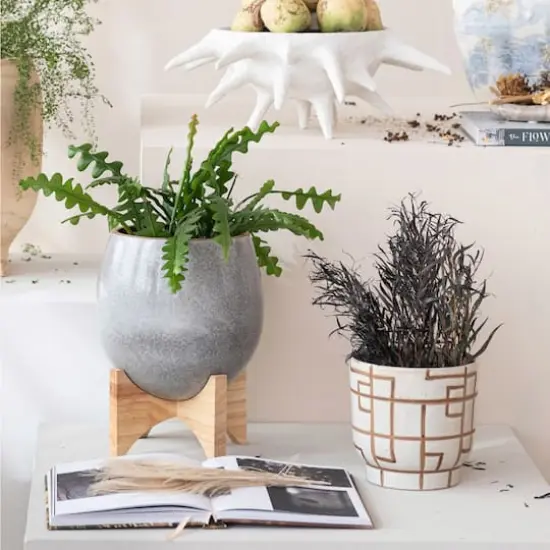 Hello Honey&reg; 8" Gray Reactive Glaze Round Stoneware Planter with Wood Stand {3}