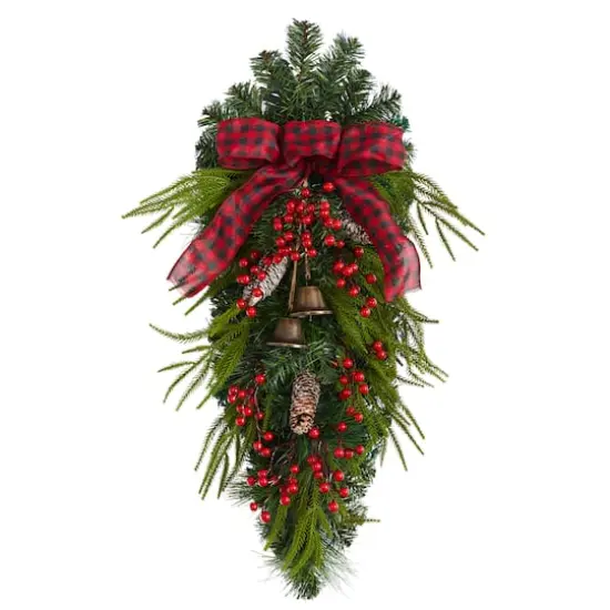24" Pinecones, Berries & Bells Christmas Teardrop Swag {1}