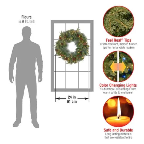 24" Feel Real&reg; Colonial Wreath with Pine Cones, Red Berries & Dual Color LED Lights {5}