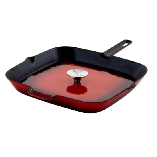 MegaChef 11" Square Red Enamel Cast Iron Grill Pan with Matching Grill Press {1}