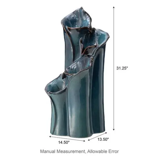 Glitzhome&reg; 31.25" 4-Tier LED Lotus Leaf Textured Ceramic Vase Outdoor Floor Fountain Turquoise {9}