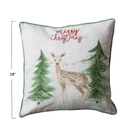 Hello Honey&reg; 18" Embroidered Merry Christmas Deer Cotton Slub Throw Pillow with Pom Pom Trim {5}