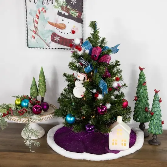 20" Purple Glittered Mini Christmas Tree Skirt with Faux Fur Trim {7}