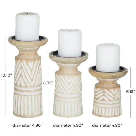 Light Brown Mango Wood Carved Tribal Pillar Candle Holder Set {6}