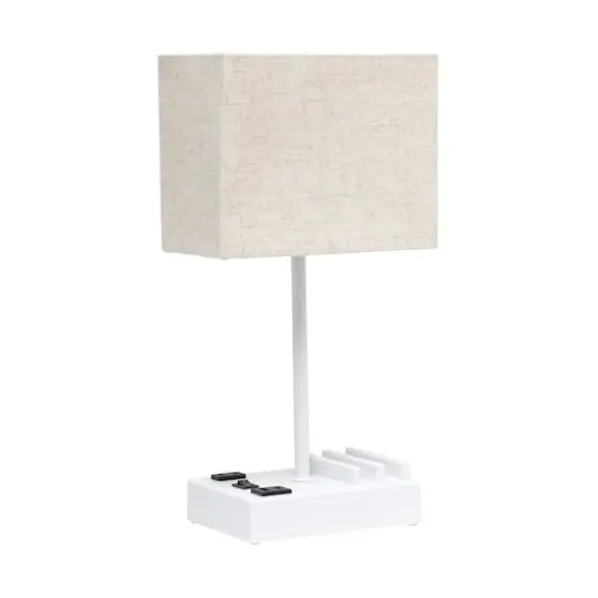 Simple Designs 15.3" Table Lamp with 2 USB Ports & Charging Outlet White Base/Beige Shade {1}