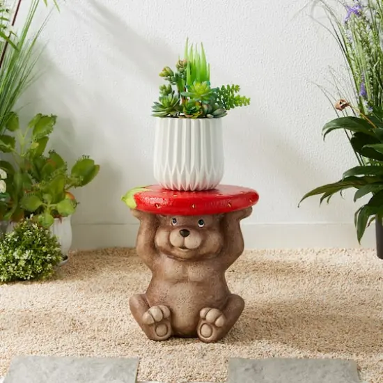 Glitzhome&reg; 12.5" Bear Holding a Strawberry Decorative Garden Stool {3}
