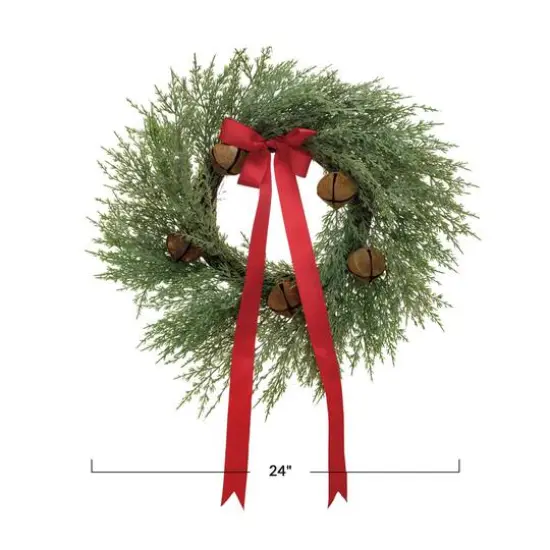 Hello Honey&reg; 24" Round Mixed Pine Wreath with Red Ribbon & Rust Finish Metal Bells {5}
