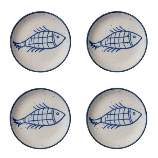 Hello Honey&reg; 7" Blue & White Fish Design Hand Painted Stoneware Plates , 4ct. {1}