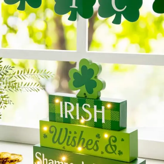Glitzhome&reg; 11.5'' Lighted St. Patrick's Wooden Block Table Sign {5}