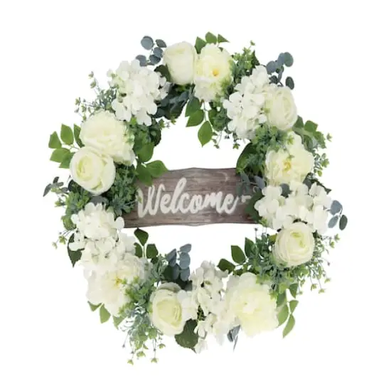 26" Artificial Peony, Hydrangea & Rose Floral Spring Wreath with Wood Welcome Sign {1}