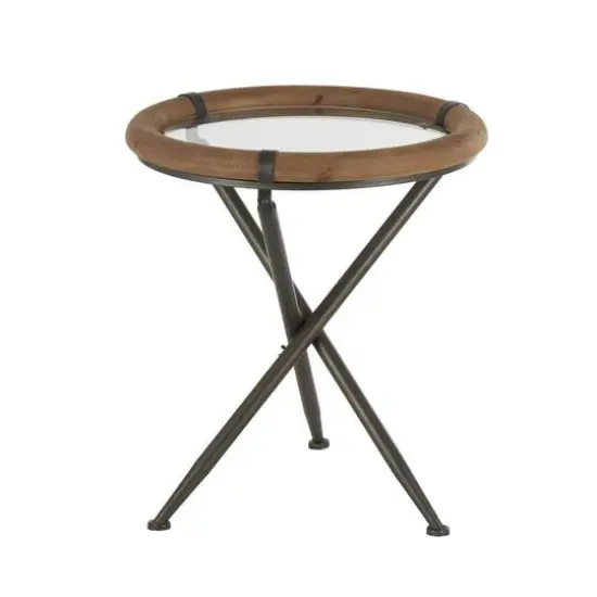 22.25" Brass Metal Round Accent Table with Wooden Framed Glass Tabletop {9}
