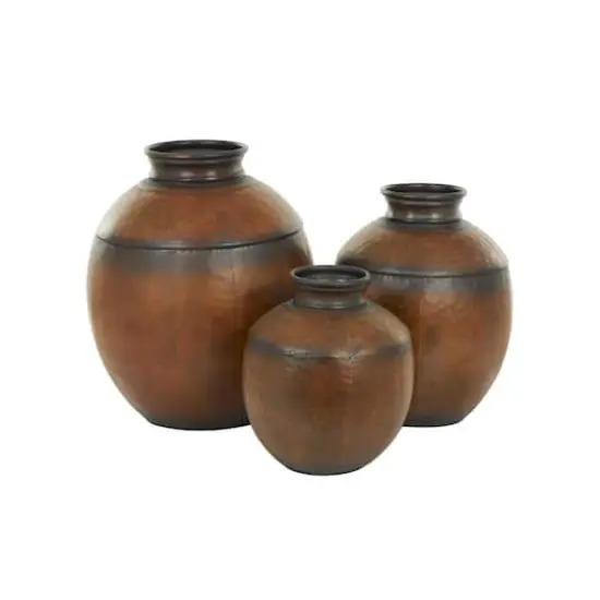 Brown Metal Antique Style Round Pot Floor Vase Set {3}