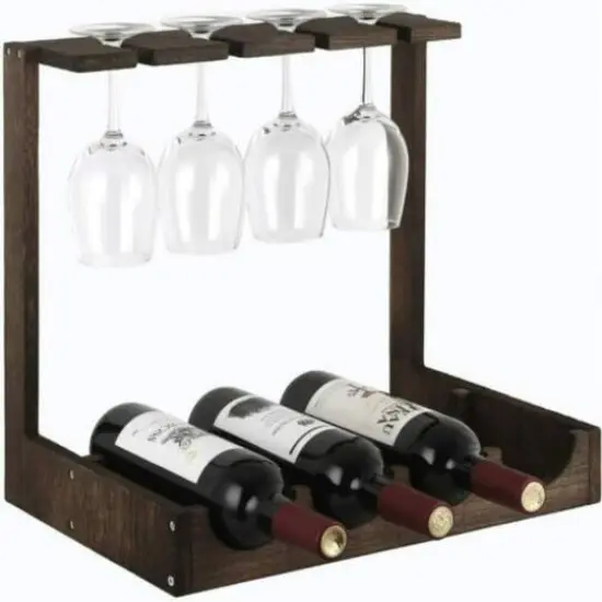 NEX&trade; Wood Wine Bottle Holder with Glass Rack Brown {2}