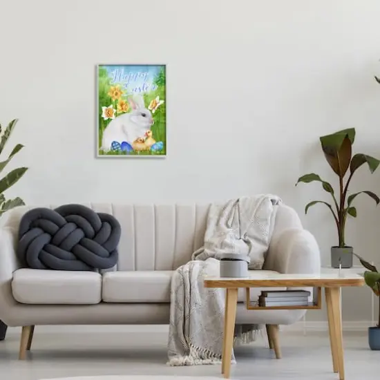 Stupell Industries Happy Easter Spring Bunny Rabbit Phrase Baby Chicks Framed Giclee Art Gray {3}