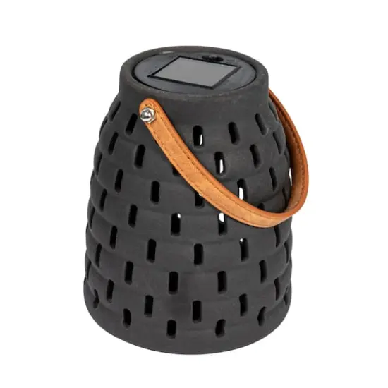 Hello Honey&reg; 7" Black & Brown Stoneware Rechargeable LED Solar Powered Waterproof Lantern {1}