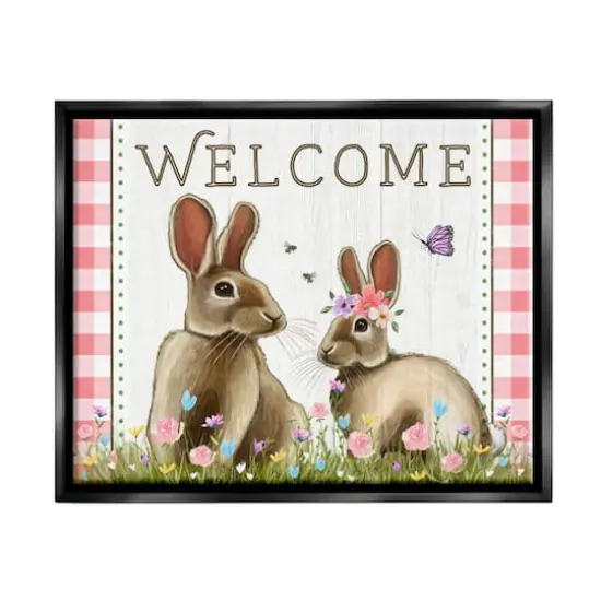 Stupell Industries Welcome Plaid Spring Garden Rabbits Floater Framed Art Black {1}