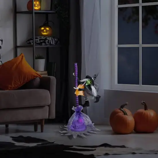 25" Animated Flying Witch with Broom Halloween Decoration {3}