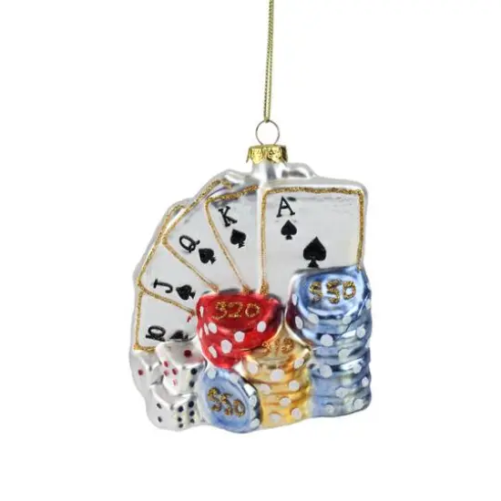 4" Silver & Blue Poker Playing Cards with Dice & Chips Christmas Ornament {1}