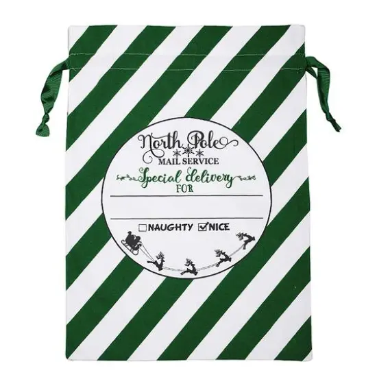 Personality Case&trade; 17" x 26" Green & White Stripe Cotton Christmas Drawstring Bag {1}