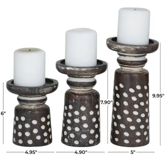 Dark Brown Mango Wood Round Carved Dotted Pillar Candle Holder Set {6}