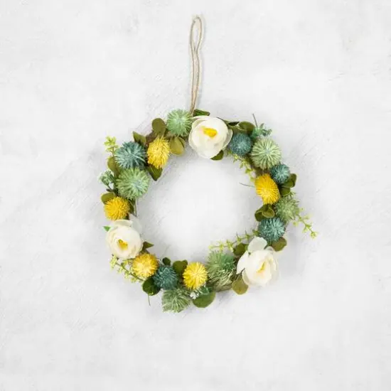 9" Cream Rose, Green & Yellow Thistle Hanging Spring Wreath {7}