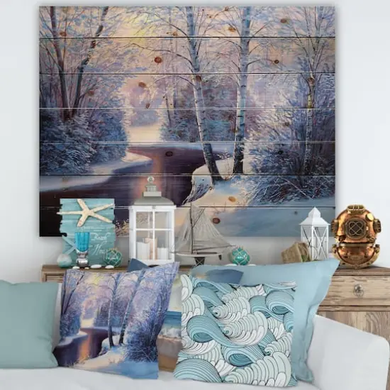 Designart Christmas Forest with River & Trees I Print on Natural Pine Wood {4}