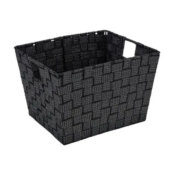 Simplify Medium Black/Silver Lurex Striped Woven Storage Bin {6}
