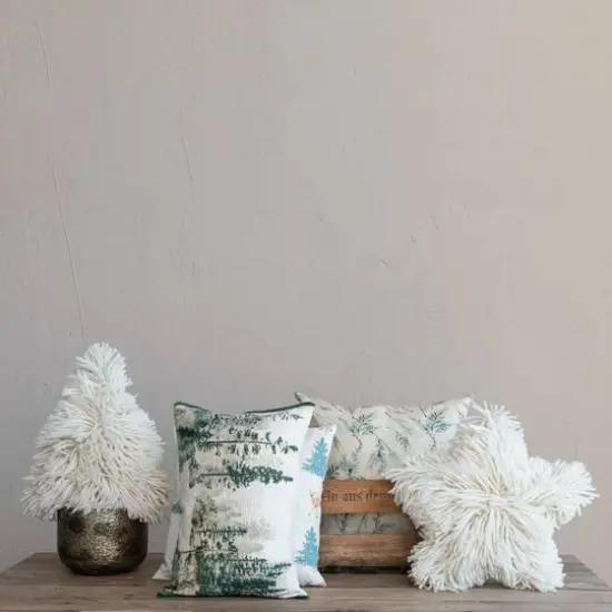 Hello Honey&reg; 16" x 16" Square Natural, Green & Brown Fabric Blend Pillow with Embroidered Deer & Trees {4}