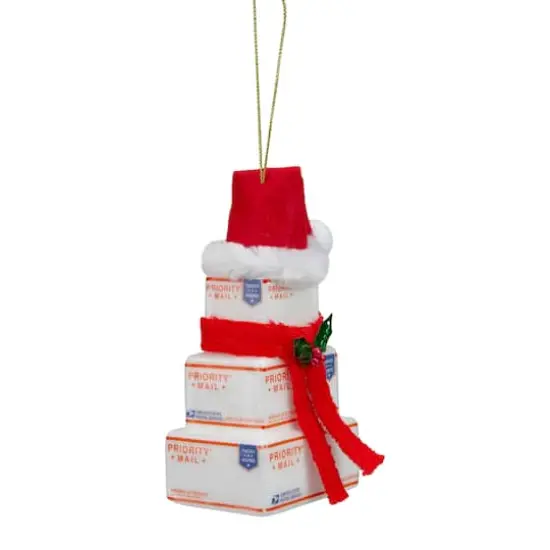 4.5" White and Red USPS Priority Mail Stacked Packages Santa Hat Christmas Ornament {5}