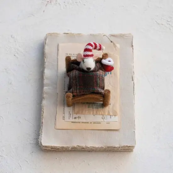 Hello Honey&reg; 6.25" Handmade Wool Felt Mouse in Bed Ornament with Hat & Stocking {3}