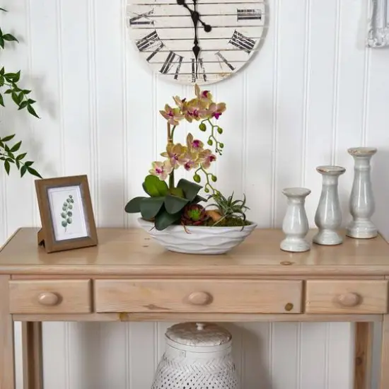 Phalaenopsis Orchid and Succulent Artificial Arrangement in White Vase {3}