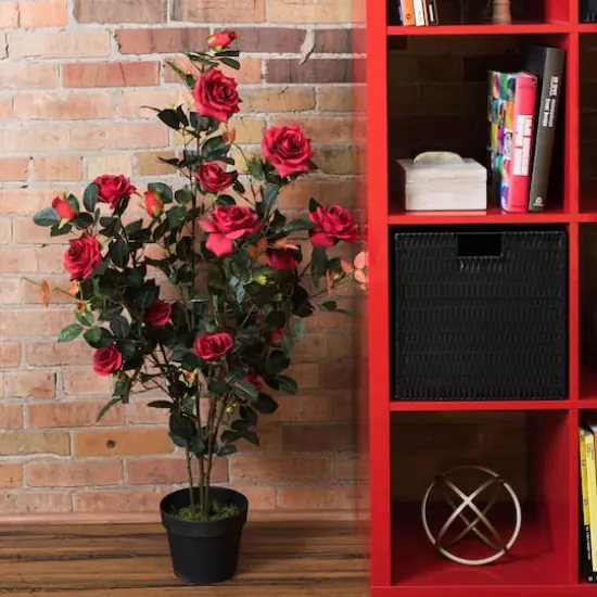 45" Artificial Red Rose Plant in Pot {3}
