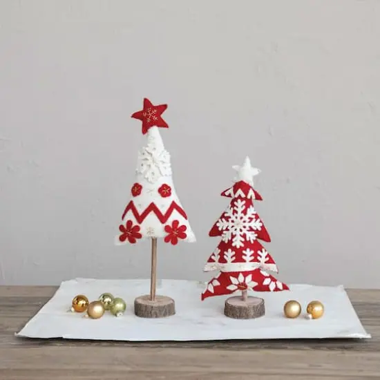 Hello Honey&reg; 12.5" Red & White Handmade Wool Felt Christmas Tree with Applique, Embroidery & Wood Base {3}