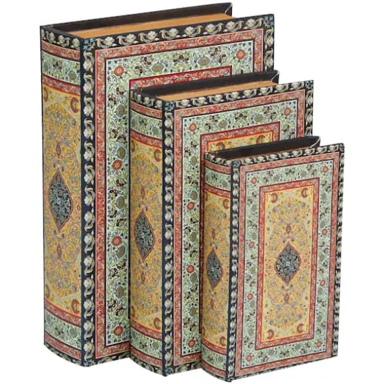 Arabesque Pattern Canvas Storage Book Box Set Green/Yellow/Red {1}