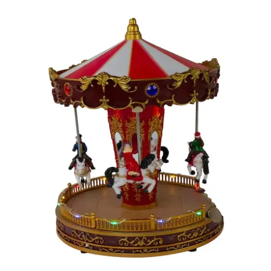 11" Red & White LED Animated Christmas Carousel with Horses {4}