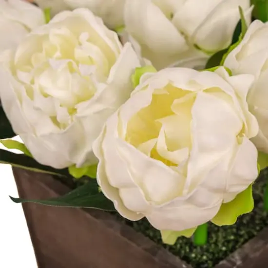 10" White Peony Flowers In Wood Box {4}
