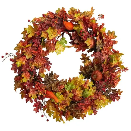 32" Oak Leaf, Berries & Pumpkin Artificial Autumn Wreath {1}