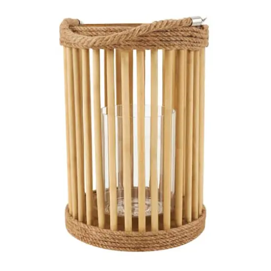 13" Brown Bamboo Handmade Open Framed Caged Candle Lantern with Rope Handle {3}