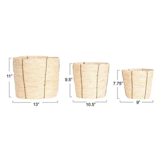 Household Essentials Natural Round Handwoven Corn Rope Basket Set with Thin Stripes & Plastic Liners {6}