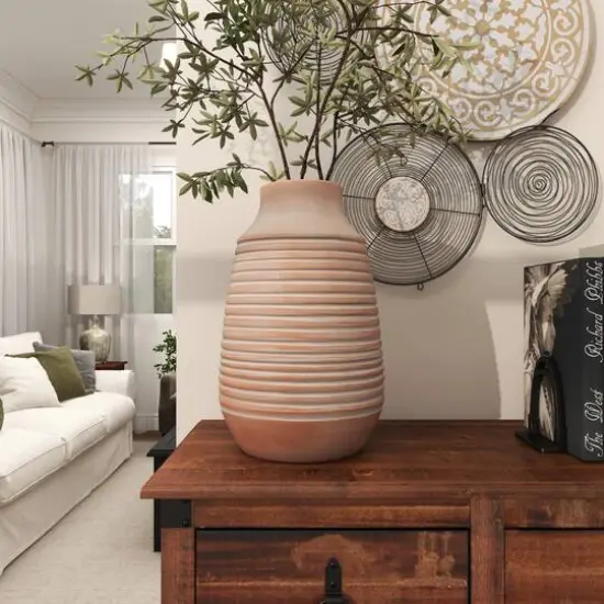 15" Pink Whitewashed Ribbed Terra Cotta Vase {8}