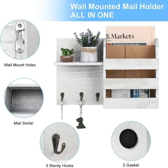 NEX&trade; Whitewash Vintage Wood Mail Shelf with 3 Key Hooks {4}