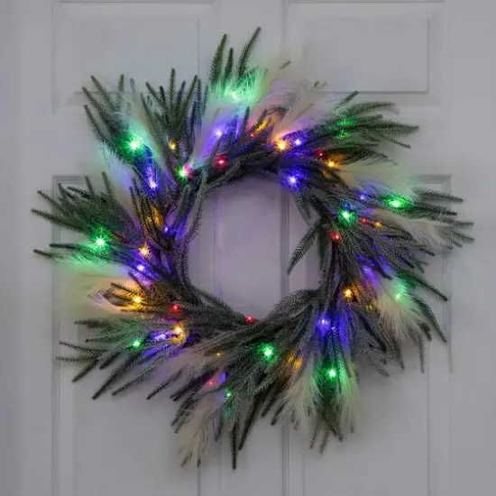24in. Artificial Balsam Fir Pine and Pampas Wreath with 50 Color Changing LED Lights {17}