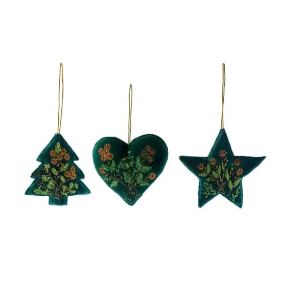 Hello Honey&reg; 3 Pack Beaded & Embroidered Heart, Star & Tree Cotton Velvet Ornaments {1}