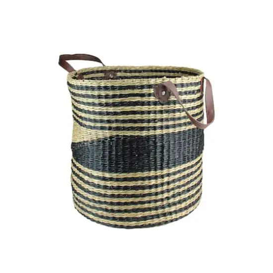 15.5" Beige & Black Woven Seagrass Basket with Handles {3}
